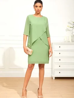 Sale Women's Knee Length Dress Chiffon Dress Elegant Formal Wedding Guest Cocktail Party Loose Fit 3/4 Length Sleeve Crew Neck Summer Spring Women Chiffon Dresses|Work Dresses