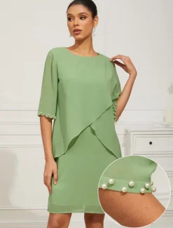 Sale Women's Knee Length Dress Chiffon Dress Elegant Formal Wedding Guest Cocktail Party Loose Fit 3/4 Length Sleeve Crew Neck Summer Spring Women Chiffon Dresses|Work Dresses