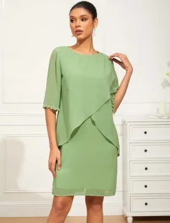 Sale Women's Knee Length Dress Chiffon Dress Elegant Formal Wedding Guest Cocktail Party Loose Fit 3/4 Length Sleeve Crew Neck Summer Spring Women Chiffon Dresses|Work Dresses