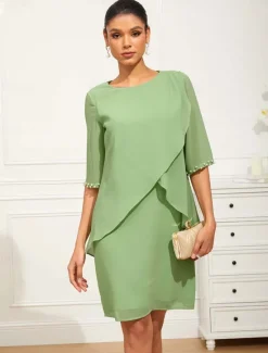 Sale Women's Knee Length Dress Chiffon Dress Elegant Formal Wedding Guest Cocktail Party Loose Fit 3/4 Length Sleeve Crew Neck Summer Spring Women Chiffon Dresses|Work Dresses
