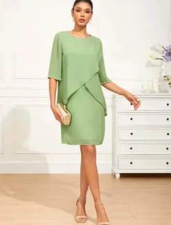 Sale Women's Knee Length Dress Chiffon Dress Elegant Formal Wedding Guest Cocktail Party Loose Fit 3/4 Length Sleeve Crew Neck Summer Spring Women Chiffon Dresses|Work Dresses
