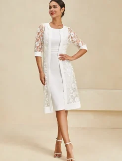 Outlet Women's Knee Length Dress Dress Elegant Formal Party Regular Fit Half Sleeve Crew Neck Summer Women White Dresses