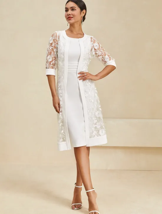 Outlet Women's Knee Length Dress Dress Elegant Formal Party Regular Fit Half Sleeve Crew Neck Summer Women White Dresses