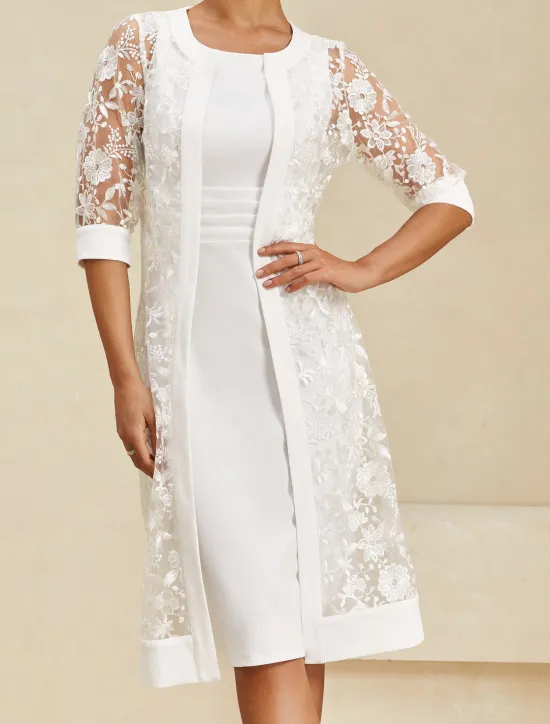 Outlet Women's Knee Length Dress Dress Elegant Formal Party Regular Fit Half Sleeve Crew Neck Summer Women White Dresses