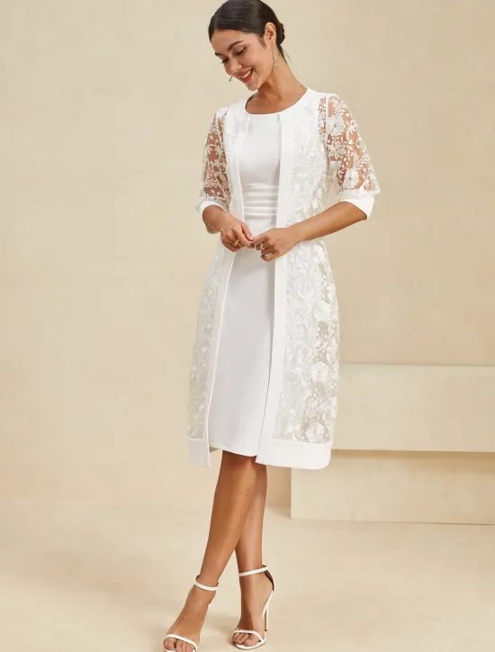 Outlet Women's Knee Length Dress Dress Elegant Formal Party Regular Fit Half Sleeve Crew Neck Summer Women White Dresses