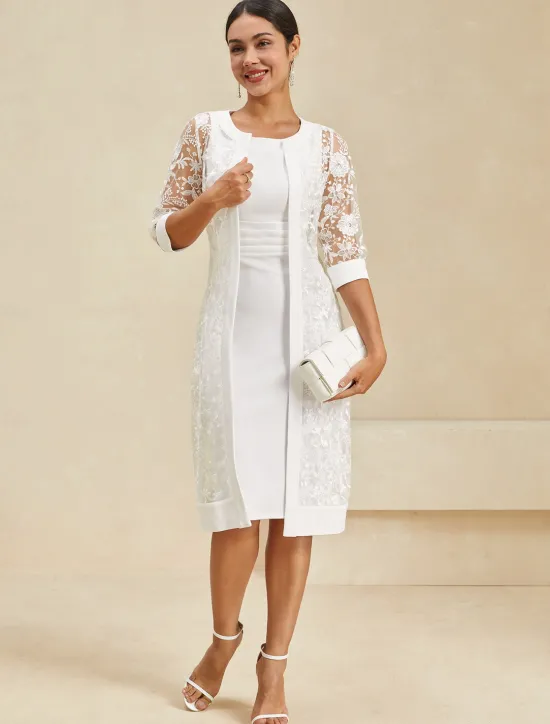 Outlet Women's Knee Length Dress Dress Elegant Formal Party Regular Fit Half Sleeve Crew Neck Summer Women White Dresses