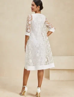 Outlet Women's Knee Length Dress Dress Elegant Formal Party Regular Fit Half Sleeve Crew Neck Summer Women White Dresses