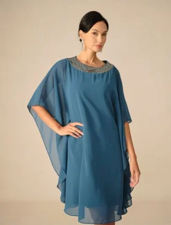 Online Women's Knee Length Dress Chiffon Dress Elegant Party Solid Color Half Sleeve Crew Neck Summer Spring Fall Women Cocktail Dress