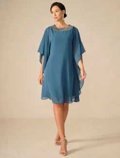 Online Women's Knee Length Dress Chiffon Dress Elegant Party Solid Color Half Sleeve Crew Neck Summer Spring Fall Women Cocktail Dress