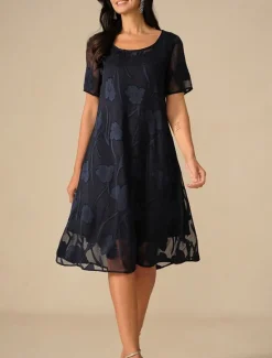 Discount Women's Knee Length Dress Chiffon Dress Elegant Casual Loose Fit Floral Short Sleeve Crew Neck Summer Women Cocktail Dress