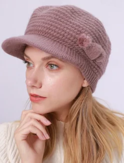 Clearance Women's Knit Hat Bow & Pom Poms Decor Thermal Winter Hat With Sun Visor For Outdoor Women Hats