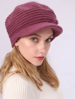 Clearance Women's Knit Hat Bow & Pom Poms Decor Thermal Winter Hat With Sun Visor For Outdoor Women Hats