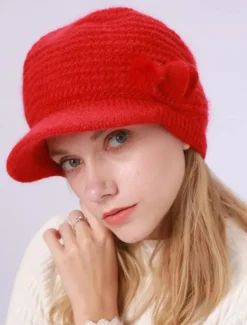 Clearance Women's Knit Hat Bow & Pom Poms Decor Thermal Winter Hat With Sun Visor For Outdoor Women Hats