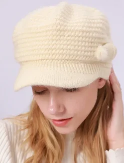 Clearance Women's Knit Hat Bow & Pom Poms Decor Thermal Winter Hat With Sun Visor For Outdoor Women Hats