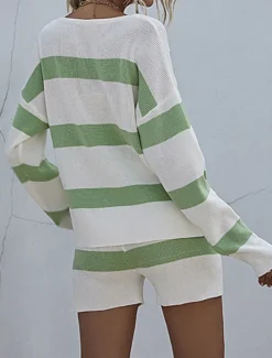 Hot Women's Knit Two Piece Set Off-Shoulder Long Sleeve Drawstring Shorts Striped White Pastel Spring Autumn Casual Loungewear Comfortable Sizes Women Pajama-Setter