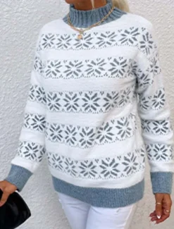 Online Women's Knitted Snowflake Sweater High Neck Long Sleeve Ribbed Texture White Light Blue Winter Festive Holiday Regular Fit Clothing Apparel Women Ugly Sweater|Pullovers & Tops