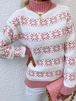Online Women's Knitted Snowflake Sweater High Neck Long Sleeve Ribbed Texture White Light Blue Winter Festive Holiday Regular Fit Clothing Apparel Women Ugly Sweater|Pullovers & Tops