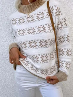 Online Women's Knitted Snowflake Sweater High Neck Long Sleeve Ribbed Texture White Light Blue Winter Festive Holiday Regular Fit Clothing Apparel Women Ugly Sweater|Pullovers & Tops