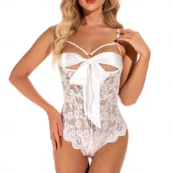 Women's Lace Backless Bow Sexy Erotic Sexy Lingerie Sexy Bodies Nightwear - POLY Spandex Solid Colored Sexy Lingerie Set Home Outfits Women Lingerie