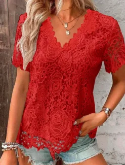 Online Women's Lace Blouse V-Neck Floral Short Sleeve White Elegant Romantic Semi-Translucent Breathable Top Spring Summer Casual Event Fashion Clothing Apparel Women Lace Tops