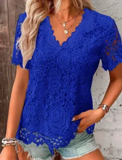 Online Women's Lace Blouse V-Neck Floral Short Sleeve White Elegant Romantic Semi-Translucent Breathable Top Spring Summer Casual Event Fashion Clothing Apparel Women Lace Tops