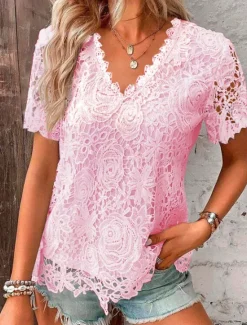 Online Women's Lace Blouse V-Neck Floral Short Sleeve White Elegant Romantic Semi-Translucent Breathable Top Spring Summer Casual Event Fashion Clothing Apparel Women Lace Tops
