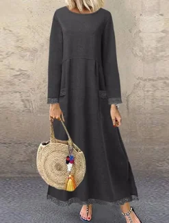 Women's Lace Dress Maxi Dress Lace Patchwork Casual Crew Neck Long Sleeve Black Green Gray Color Women Vacation Dresses