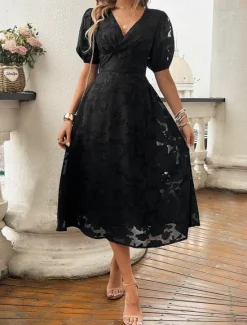 Clearance Women's Lace Dress Midi Dress Lace Patchwork Party Wedding Guest Cocktail Party Elegant Streetwear V Neck Short Sleeve Black Red Color Women Cocktail Dress