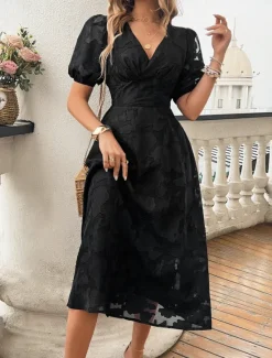 Clearance Women's Lace Dress Midi Dress Lace Patchwork Party Wedding Guest Cocktail Party Elegant Streetwear V Neck Short Sleeve Black Red Color Women Cocktail Dress