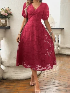 Clearance Women's Lace Dress Midi Dress Lace Patchwork Party Wedding Guest Cocktail Party Elegant Streetwear V Neck Short Sleeve Black Red Color Women Cocktail Dress