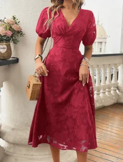 Clearance Women's Lace Dress Midi Dress Lace Patchwork Party Wedding Guest Cocktail Party Elegant Streetwear V Neck Short Sleeve Black Red Color Women Cocktail Dress