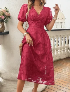 Clearance Women's Lace Dress Midi Dress Lace Patchwork Party Wedding Guest Cocktail Party Elegant Streetwear V Neck Short Sleeve Black Red Color Women Cocktail Dress