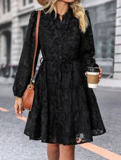New Women's Lace Dress Mini Dress Belted Formal Stand Collar Long Sleeve Black Wine Navy Blue Color Women Casual Dress