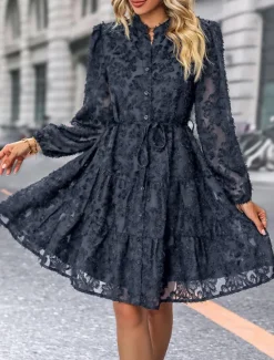 New Women's Lace Dress Mini Dress Belted Formal Stand Collar Long Sleeve Black Wine Navy Blue Color Women Casual Dress