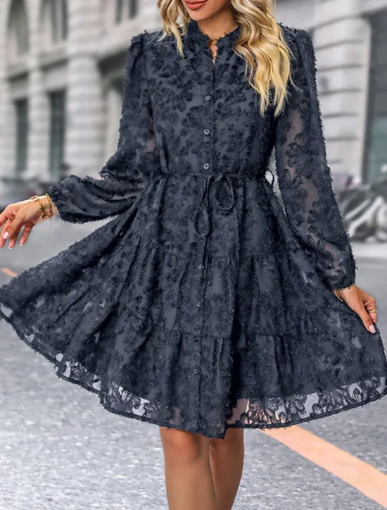 New Women's Lace Dress Mini Dress Belted Formal Stand Collar Long Sleeve Black Wine Navy Blue Color Women Casual Dress