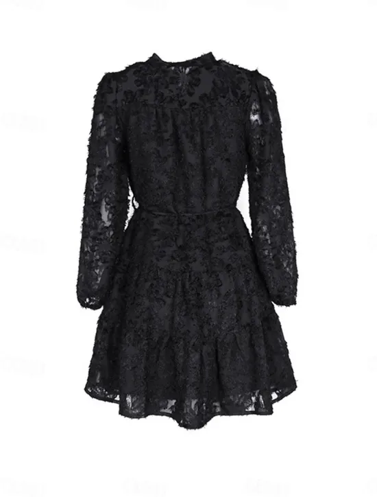 New Women's Lace Dress Mini Dress Belted Formal Stand Collar Long Sleeve Black Wine Navy Blue Color Women Casual Dress
