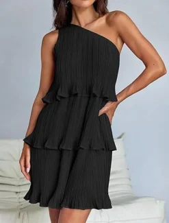 New Women's Lace Dress Mini Dress Ruffle Date Vacation Streetwear Casual One Shoulder Sleeveless Black White Pink Color Women White Dresses