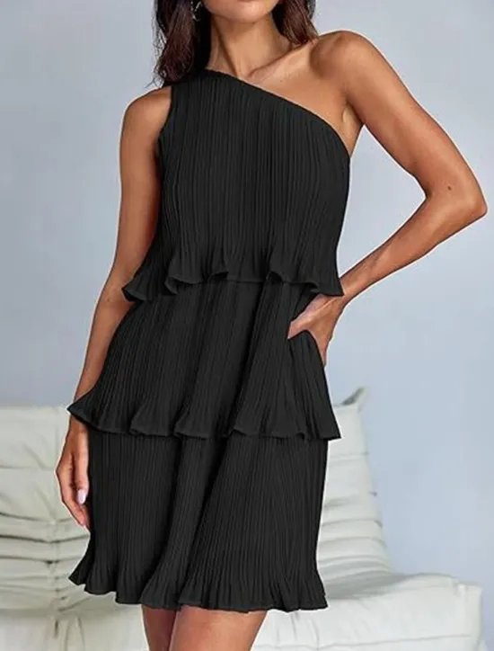 New Women's Lace Dress Mini Dress Ruffle Date Vacation Streetwear Casual One Shoulder Sleeveless Black White Pink Color Women White Dresses