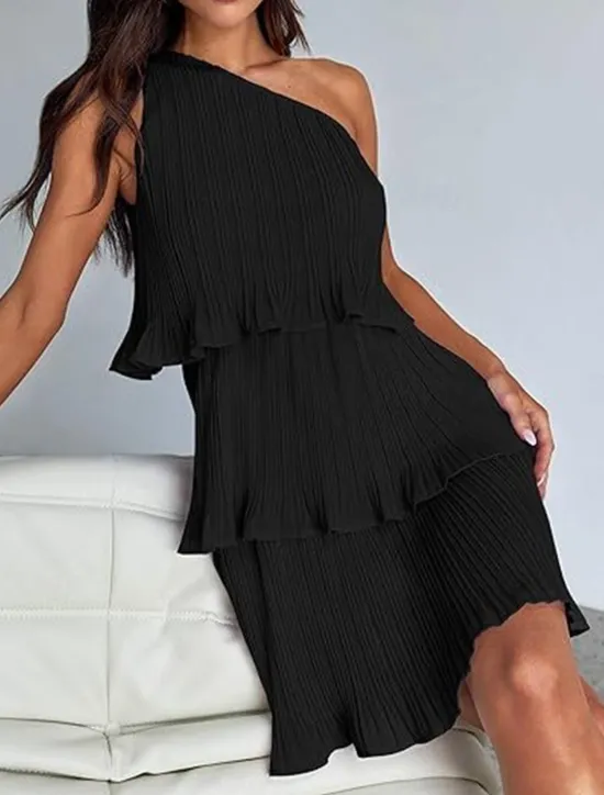 New Women's Lace Dress Mini Dress Ruffle Date Vacation Streetwear Casual One Shoulder Sleeveless Black White Pink Color Women White Dresses