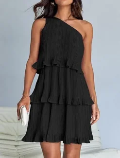 New Women's Lace Dress Mini Dress Ruffle Date Vacation Streetwear Casual One Shoulder Sleeveless Black White Pink Color Women White Dresses
