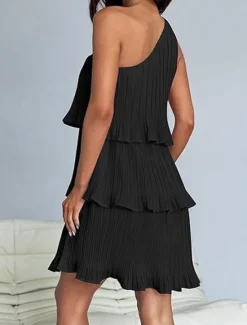 New Women's Lace Dress Mini Dress Ruffle Date Vacation Streetwear Casual One Shoulder Sleeveless Black White Pink Color Women White Dresses
