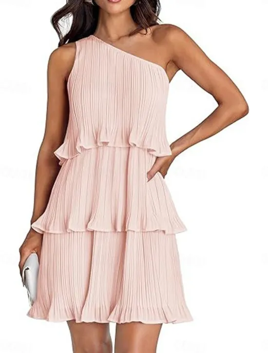 New Women's Lace Dress Mini Dress Ruffle Date Vacation Streetwear Casual One Shoulder Sleeveless Black White Pink Color Women White Dresses