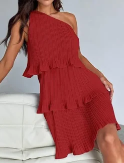 New Women's Lace Dress Mini Dress Ruffle Date Vacation Streetwear Casual One Shoulder Sleeveless Black White Pink Color Women White Dresses