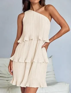New Women's Lace Dress Mini Dress Ruffle Date Vacation Streetwear Casual One Shoulder Sleeveless Black White Pink Color Women White Dresses