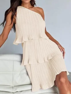 New Women's Lace Dress Mini Dress Ruffle Date Vacation Streetwear Casual One Shoulder Sleeveless Black White Pink Color Women White Dresses