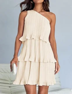 New Women's Lace Dress Mini Dress Ruffle Date Vacation Streetwear Casual One Shoulder Sleeveless Black White Pink Color Women White Dresses