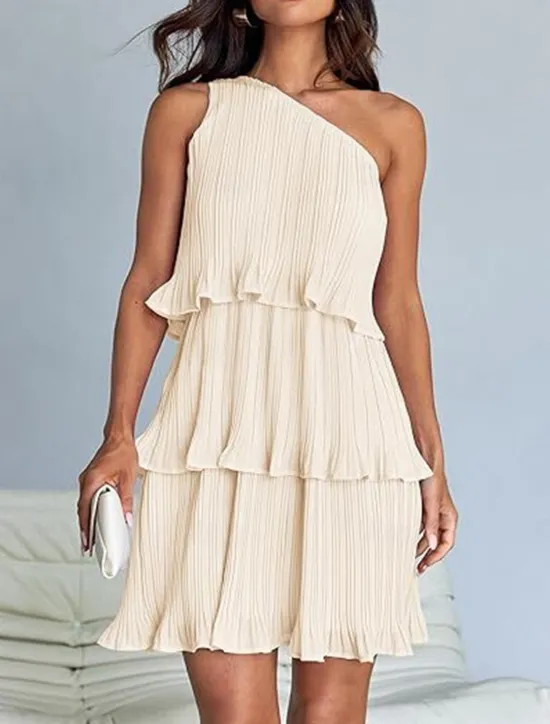 New Women's Lace Dress Mini Dress Ruffle Date Vacation Streetwear Casual One Shoulder Sleeveless Black White Pink Color Women White Dresses