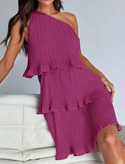 New Women's Lace Dress Mini Dress Ruffle Date Vacation Streetwear Casual One Shoulder Sleeveless Black White Pink Color Women White Dresses