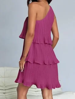 New Women's Lace Dress Mini Dress Ruffle Date Vacation Streetwear Casual One Shoulder Sleeveless Black White Pink Color Women White Dresses