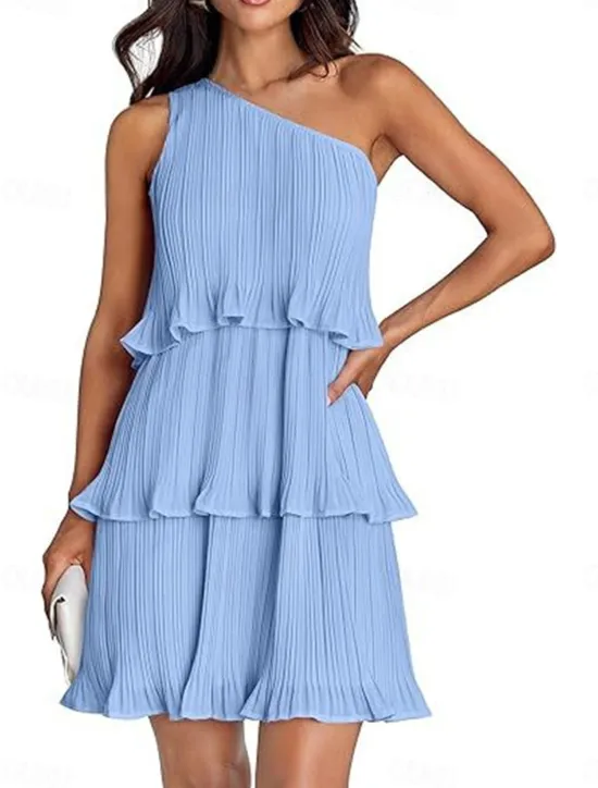 New Women's Lace Dress Mini Dress Ruffle Date Vacation Streetwear Casual One Shoulder Sleeveless Black White Pink Color Women White Dresses